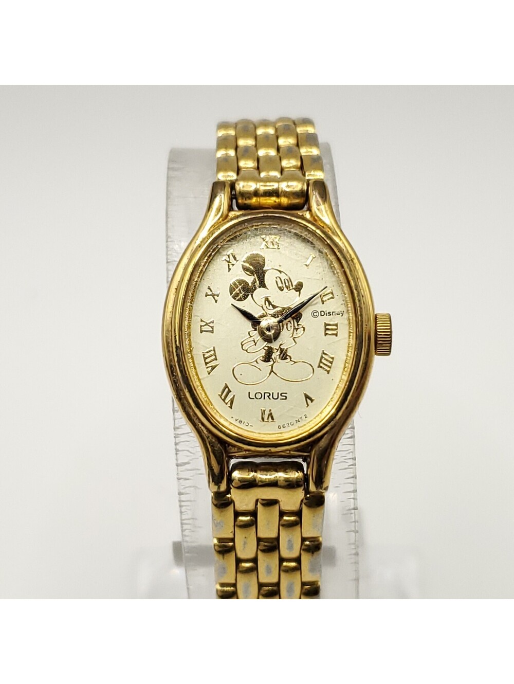 Mickey Mouse Lorus V810-6610 Watch Women 17mm Oval Gold Tone New Battery